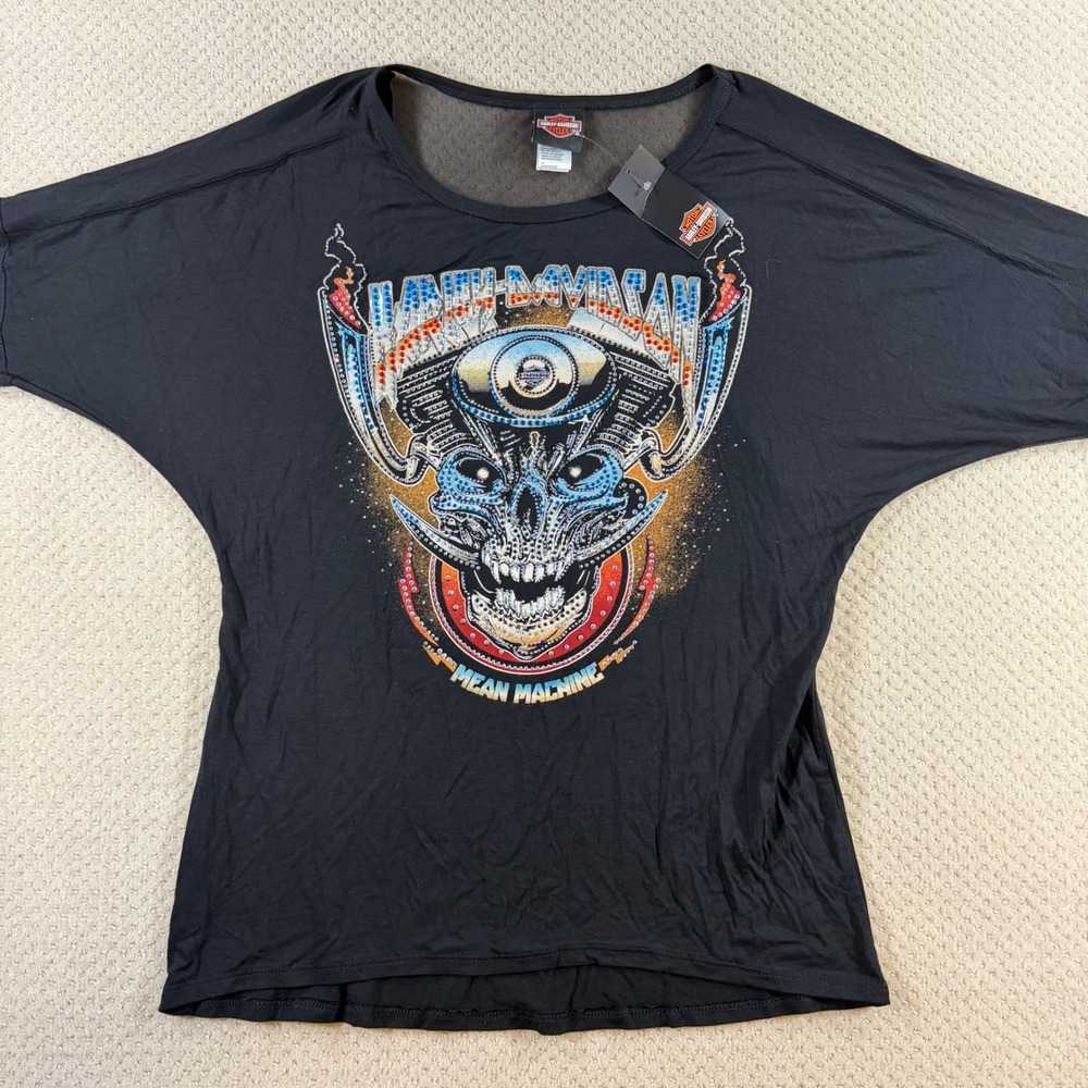 Harley Davidson Rhinestone Shirt NWT Women 1X Black Studded Skull Edgy Mesh Plus